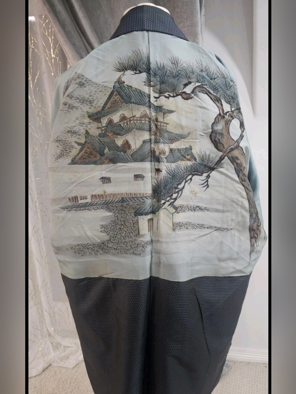 Light Blue & Charcoal Men's Pea Coat with Scenic Back Embroidery